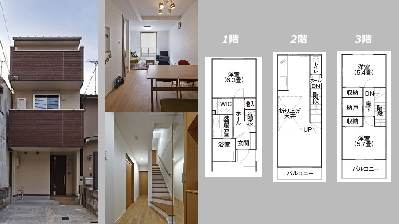 間口の狭い土地に建てた狭小住宅の外観・内装・間取り