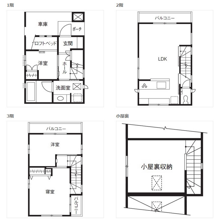 【1600万円】3階建て＋小屋裏収納・3LDKの狭小住宅・間取り図