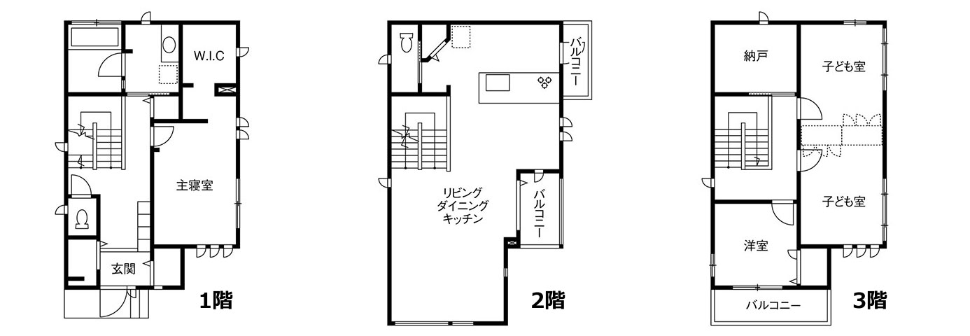 スタイリッシュなモダン空間がオシャレな3階建て狭小住宅の間取り画像「間取り図」