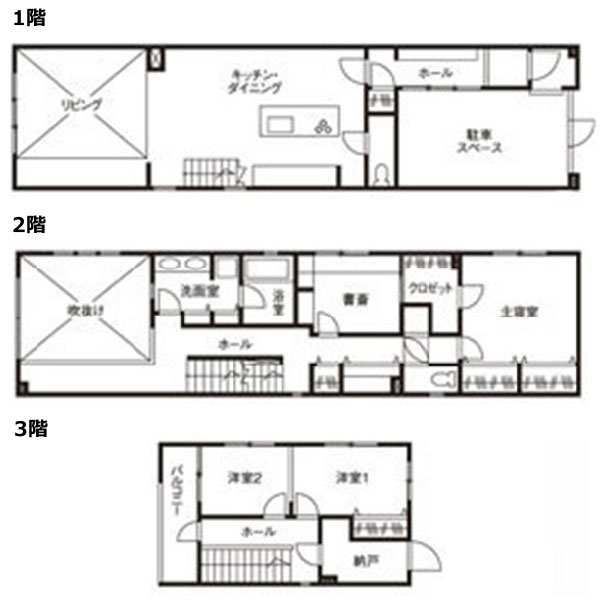 三井ホームの間取り実例「都市型3階建て住宅」の間取り図