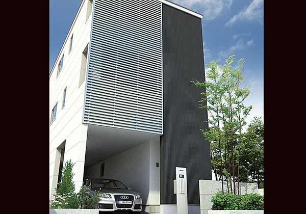 ユニバーサルホームの3階建て狭小住宅プラン「Tsu・do・i（つどい）」の外観デザイン