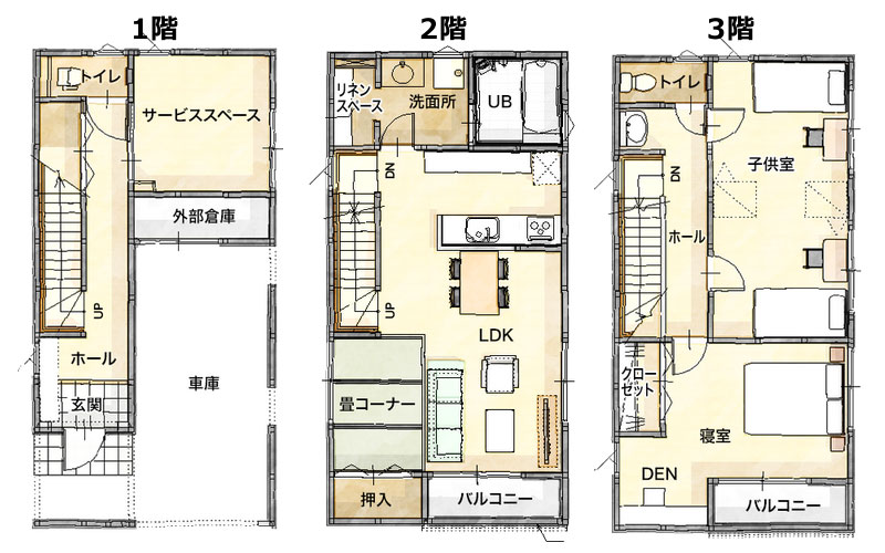 ユニバーサルホームの3階建て狭小住宅プラン「Tsu・do・i（つどい）」の間取り図