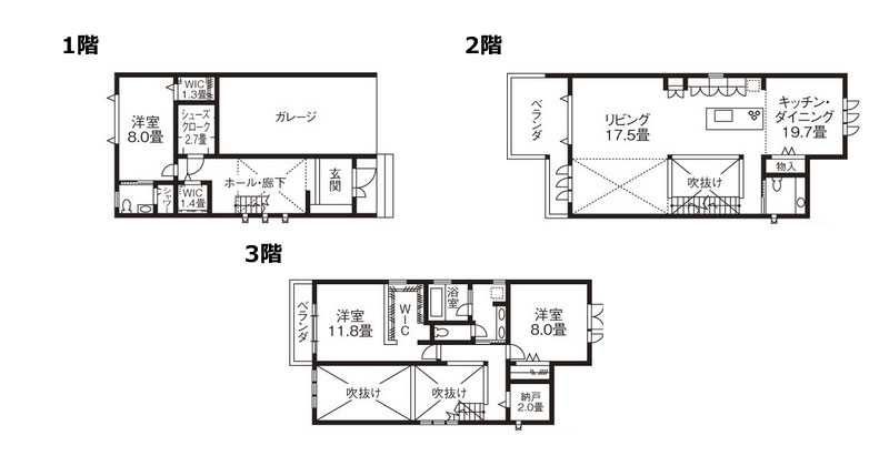 ペーヘルハウスの「3階建て狭小住宅の間取り実例」間取り図
